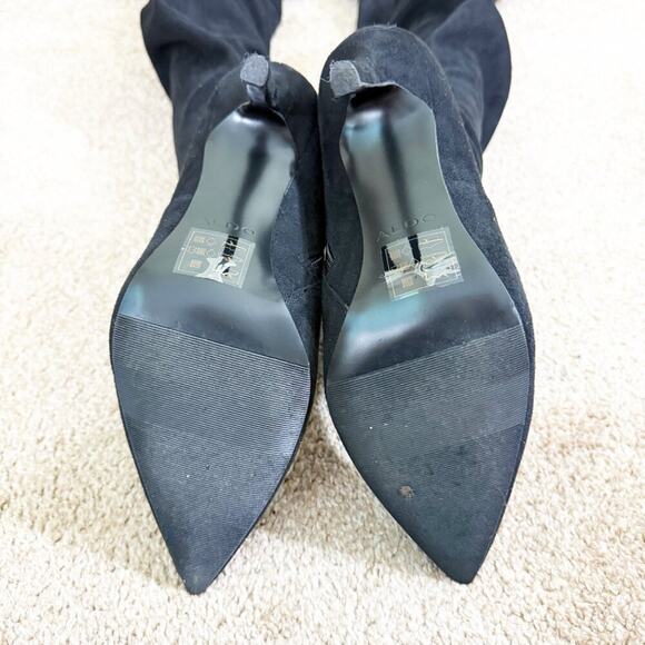 Aldo Black Faux Suede Thigh High Stiletto Boots Women's 9 Side Zip Pointy Toe - Picture 6 of 10